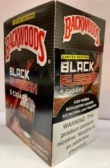 Altadis Backwoods Black Russian Cigars 8/5Ct, a box of cigars with black and brown packaging featuring bold red and white text, showcasing the flavor and limited edition status.