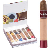 CAO Flavours Petite Corona Sampler 6 Ct. Box 4.00X40, featuring a white and brown box filled with six small cigars, each wrapped in colorful bands, accompanied by a single cigar outside the box.
