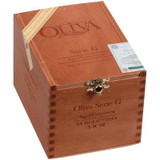 Oliva Cigars Oliva Serie G Cigars Cameroon Belicoso 25 Ct. Box 5.00X52, wooden cigar box with hinged lid, engraved branding, and a security sticker.