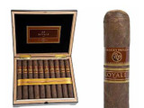 Rocky Patel Royale by Rocky Patel Cigars Corona 20 Ct. Box, image of an open wooden cigar box filled with cigars and one individual cigar standing upright beside the box.
