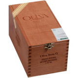 Oliva Serie G Maduro Cigars Churchill 24 Ct. Box, wooden cigar box with engraved text and metal latch, showcasing the packaging of premium cigars.