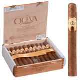 Oliva Cigars Oliva Serie O Cigars Corona 20 Ct. Box, a wooden box containing twenty cigars with a single cigar placed outside the box for display.
