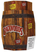 Altadis Backwoods Wild Rum Cigars 40Ct Barrel Display, rustic wooden design with Backwoods logo and 'Wild Rum' label, featuring a warning label about nicotine content.