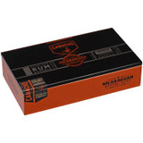 Camacho Nicaraguan Barrel-Aged Cigar Robusto Tubos 20 Ct. Box, black and orange cigar packaging box with branding and product details