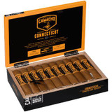 Camacho Connecticut Bxp Cigar Robusto 20 Ct. Box, opened cigar box displaying neatly arranged cigars with branded bands in a presentation case.