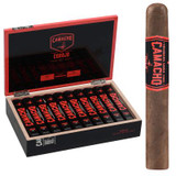 Camacho Corojo Bxp Cigar Toro Tubos 20 Ct. Box, an image of a cigar box filled with 20 cigars and a single cigar standing upright showing its band.