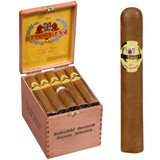Baccarat Cigars Rothschild Natural 25ct Box, wooden cigar box with five cigars inside and one cigar outside, featuring gold and red labels with a crest and the year 1871.