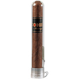 Cohiba Cigars Nicaragua N5X50 En Crystale 8 Ct. Box, cigar encased in clear plastic tube with black and gold labeled band.