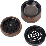 Marley Natural 2.3" Black Walnut Wood 3 Piece Grinder, open and assembled views showing the wooden exterior and metal grinding components.