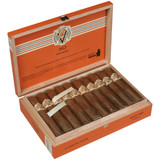 AVO Cigars XO Intermezzo Robusto 20 Ct. Box 5.50X50, opened wooden cigar box showcasing 10 cigars with branded bands, orange interior, and detailed product and brand information.