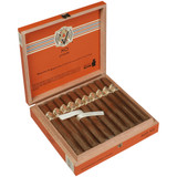 AVO Cigars XO Preludio Corona Larga 20 Ct. Box 6.00X40, open wooden cigar box displaying 20 cigars with branded bands inside.