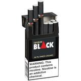 Kretek International Djarum Filtered Clove Cigars Black 10/12 Packs, image of open black cigar box showing 12 filtered clove cigars with warning label.