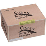 Cuban Rejects Cigars Robusto Natural 50 Ct. Box, wooden cigar box with black lettering and yellow seal, designed for storing and displaying premium cigars.
