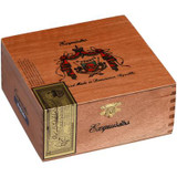Arturo Fuente Cigars Exquisitos Maduro 50 Ct. Box, wooden cigar box with a gold latch and a printed crest design on the lid.