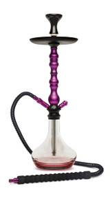 BYO Atlas Hookah - 27 inches, with a black and purple colored stem, clear glass base with pink hue, black hose with purple accents, and varying colors.