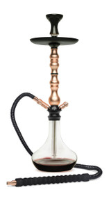 BYO Atlas Hookah - 27 inches, with colorful varying design, glass base, metallic stem, and hose for smoking.