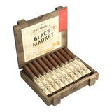 Alec Bradley Cigars Black Market Torpedo 22Ct. Box, open wooden cigar box displaying 22 cigars with black and beige labels