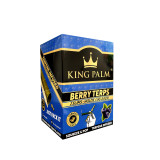 King Palm Wraps Slim Berry Terps 20Pk, a blue and black box with a gold crown logo, featuring images of berries and explaining the product's features such as being tobacco free, terpene infused, and containing 2 Slim wraps that hold 1.5 grams each.