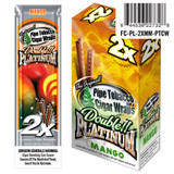 National Almond Honey Double Platinum Blunt Wraps Mello Mango, packaging box with orange and yellow flames design and two cigar wraps shown.