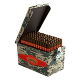 La Finca Digital Camo Ammo Cigars 91Ct. Box, a camouflage-patterned cigar storage box filled with 91 cigars with red band labels, open to display the cigars inside.