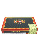Punch London Club Cigars Maduro 25Ct. Box, a red and black cigar box with gold accents, featuring the Punch logo and a dollar bill partially visible on the side.