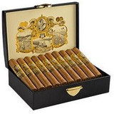 Gurkha Royal Challenge Churchill Cigars 20 Ct. Box, an open black box displaying 20 premium cigars with gold and dark brown wrappers inside.