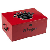 5 Vegas Tradicion Humidor 100 Cigar Capacity, red wooden humidor with black crown design on top and metal handles on sides.