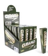 Vibes Rolling Paper Vibes Cubano King Size Organic Hemp Cone Display 24ct, display of 24 packs of organic hemp cone rolling papers in green packaging with white and gold accents.