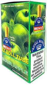 Royal Blunts EZ Roll Wraps Tubes Sour Apple 25Ct, package featuring green sour apple images and product branding, with warning label and promotional stickers.