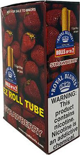 Royal Blunts EZ Roll Wraps Tubes Strawberry 25Ct, image of a box with strawberry flavored rolling wraps and tubes, featuring branding and warning labels.