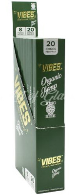 Vibes Rolling Paper Vibes Organic Hemp King Size Cones 20Pk, green and white packaging with 20 cones per pack and organic hemp branding.