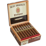 Alec Bradley Tempus Genesis Cigars 24Ct. Box, open wooden cigar box filled with neatly arranged cigars with decorative bands.