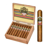 Ashton Cigars Ashton Cabinet Selection Cigars Tres Petite Cigars 25Ct. Box, featuring a wooden humidor open to reveal neatly arranged cigars with detailed banding beside a single cigar showing the packaging and branding.