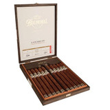 Scandinavian Tobacco Balmoral Anejo XO Lancero E.L. Cigars 10Ct. Box, open wooden box displaying lie of cigars inside with labels, with cream and gold interior lid featuring branding.