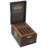 Scandinavian Tobacco Balmoral Anejo XO Oscuro Gran Toro Cigars 20Ct. Box, open black wooden cigar humidor containing five cigars with black and gold bands inside a numbered display.
