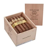 General Cigar Bolivar Cofradia Belicoso Fino 2 Cigars 25Ct. Box, opened wooden cigar box containing 25 cigars with a wooden lid placed beside it.