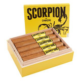 Camacho Scorpion Connecticut Robusto Cigars 10Ct. Box, yellow box with black scorpion illustration and cigars inside with yellow and black bands.
