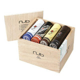 NUB Tubo Sampler Box 12 Cigars, wooden box containing four different cigars with various colorful and patterned cigar wraps inside.