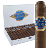 Capricho Cubano Perfecto Maduro Cigars 25Ct. Box, image of a white box containing 25 dark Maduro cigars with the Capricho Cubano label on each, and a close-up of one cigar showcasing its brown, textured wrapper and label.