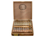 Aganorsa Leaf Connecticut Robusto Cigars 20Ct. Box, wooden box open showing 20 cigars wrapped in cellophane with a leather strap for sealing.