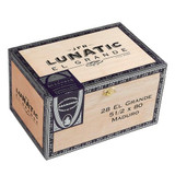 Casa Fernandez JFR Lunatic Maduro El Grande Cigars 28Ct. Box, wooden cigar box with black and silver decorative border and a label with cigar details.