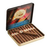 Tatiana Mini Tins Rum Cigars, five tins of small cigars displayed in an open metal box