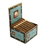 Tatiana Robusto Rum Cigars 25Ct. Box, open cigar box showing aligned cigars with white and red bands inside a blue and gold decorated packaging.