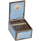 Tatiana La Vita Rum Cigars 25Ct. Box, an open box revealing 25 cigars with dark brown wrappers and white labels with the brand logo, inside a stylish blue and wood-finish case.