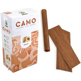 CAMO Natural Leaf Wraps Peach 25Pk, product packaging and wooden wraps with a rolling pin on white background.