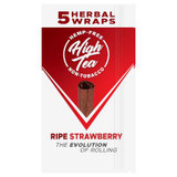 High Tea Wraps Juicy Ripe Strawberry 25/5 Ct, image of a box of herbal wraps with a red and white design and a picture of a rolled herbal wrap on the front.