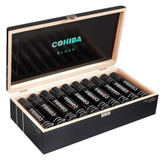 General Cigar Cohiba Black Gigante Cigars 20Ct. Box, an open black and beige cigar box containing twenty black cigars with silver and white branding.