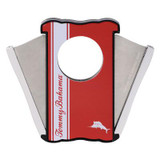 Tommy Bahama Regatta Collection Cigar Cutter, a stylish and functional cigar cutting tool with a red and white design and a circular opening for cigars.