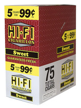 Hi-Fi Cigarillos 15/5Ct, box of sweet flavored cigarillos with a red and white packaging featuring yellow and black text and imagery.
