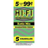 Hi-Fi Cigarillos 15/5Ct, packaging of cigarillos with bright yellow and gray zigzag design, featuring the product name and flavor 'Xotic Mix' along with pricing and health warning.